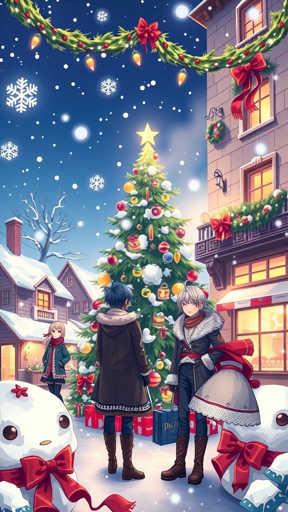 KNY characters in winter attire with a Christmas tree and snowflakes in a festive background.